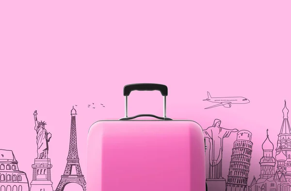 明亮的彩色轮式行李与绘制的地标背景 — 图库照片