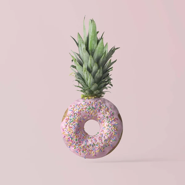 Doughnut Pineapple Leaves Pastel Colored Background — Stock Photo, Image