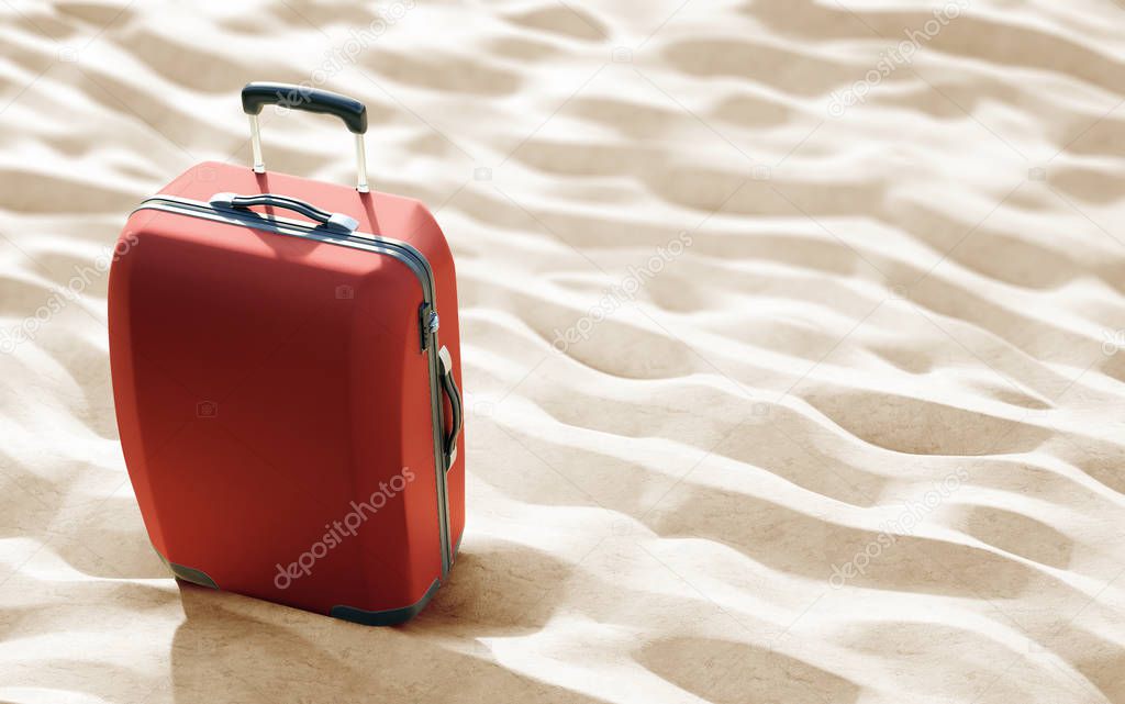 travel theme background with colorful luggage on sand