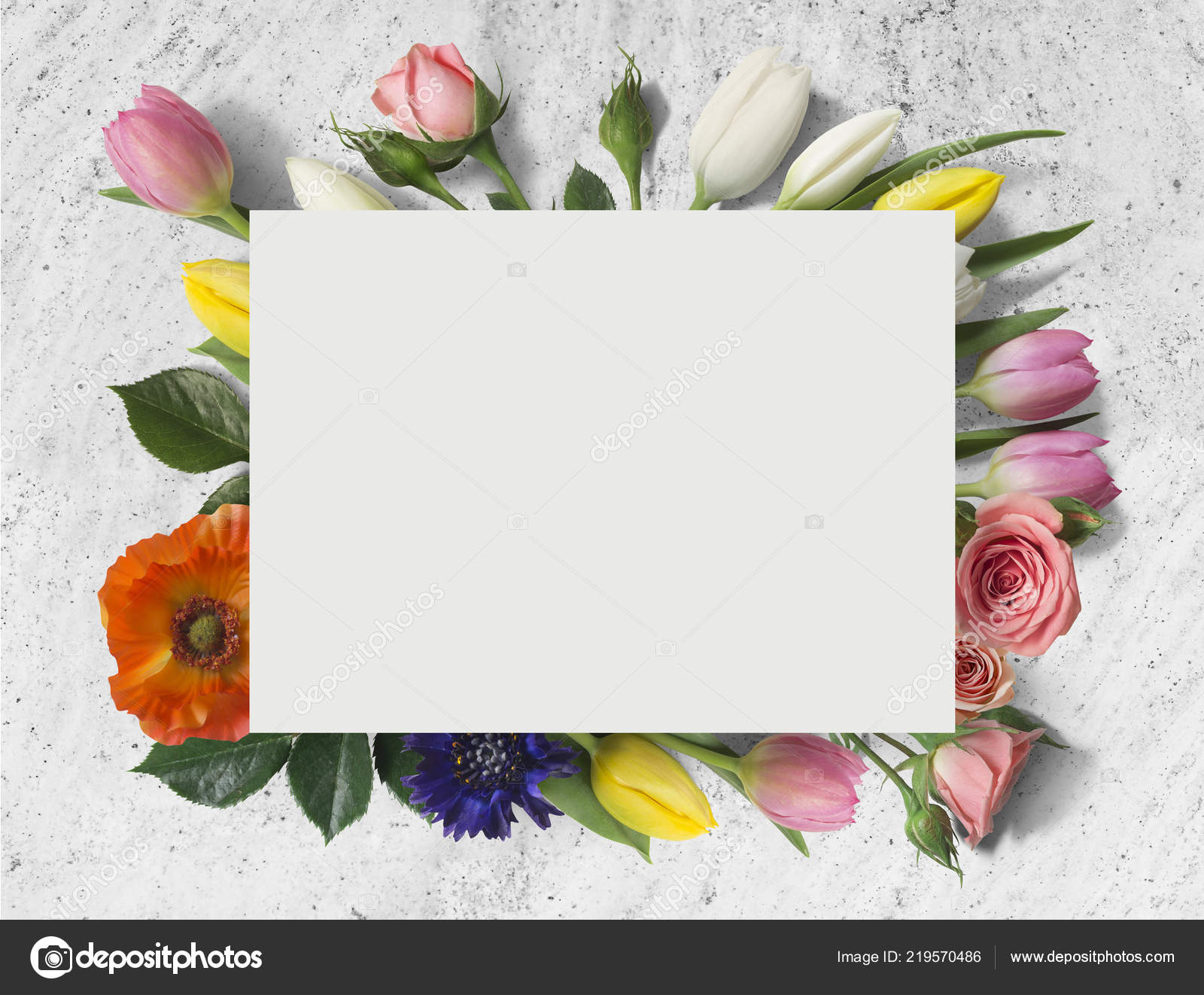 Folha Papel Branco Flores Coloridas Frescas — Foto © brocrock #219570486, image size:1600x1322