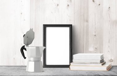 Gayzer kahve makinesi ve yığılmış kitaplar ile boş çerçeve