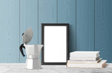 Gayzer kahve makinesi ve yığılmış kitaplar ile boş çerçeve