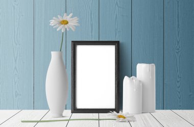 boş çerçeve papatya çiçek ve mum