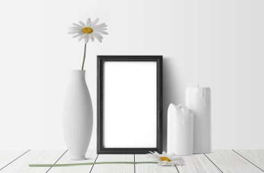 boş çerçeve papatya çiçek ve mum