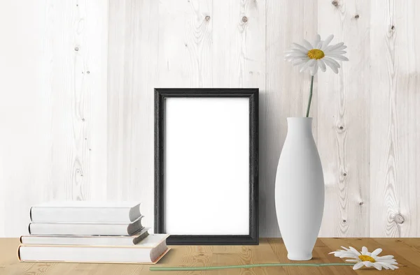 Quadro Branco Com Flores Camomila Livros — Fotografia de Stock