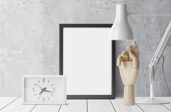 Cadre Blanc Avec Main Lampe Horloge Sur Table — Photo