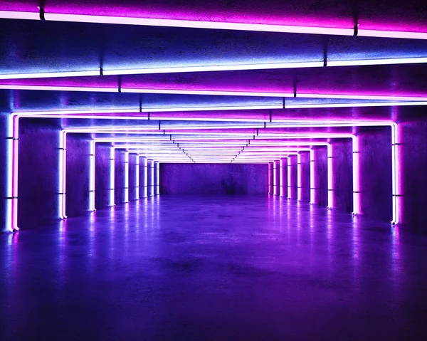 diminishing perspective view of neon lighted corridor