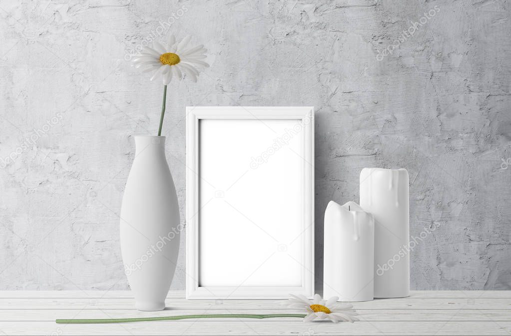 blank frame with chamomile flowers and candles