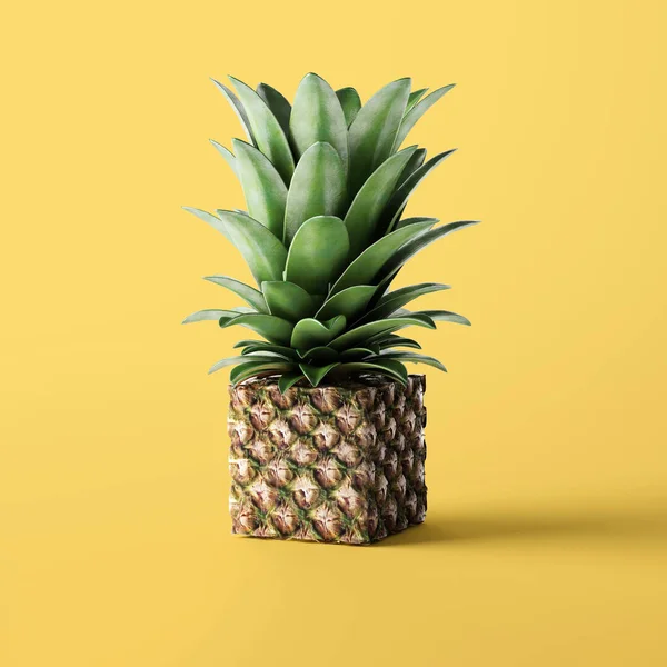 Ananas Forme Cube Sur Fond Jaune — Photo
