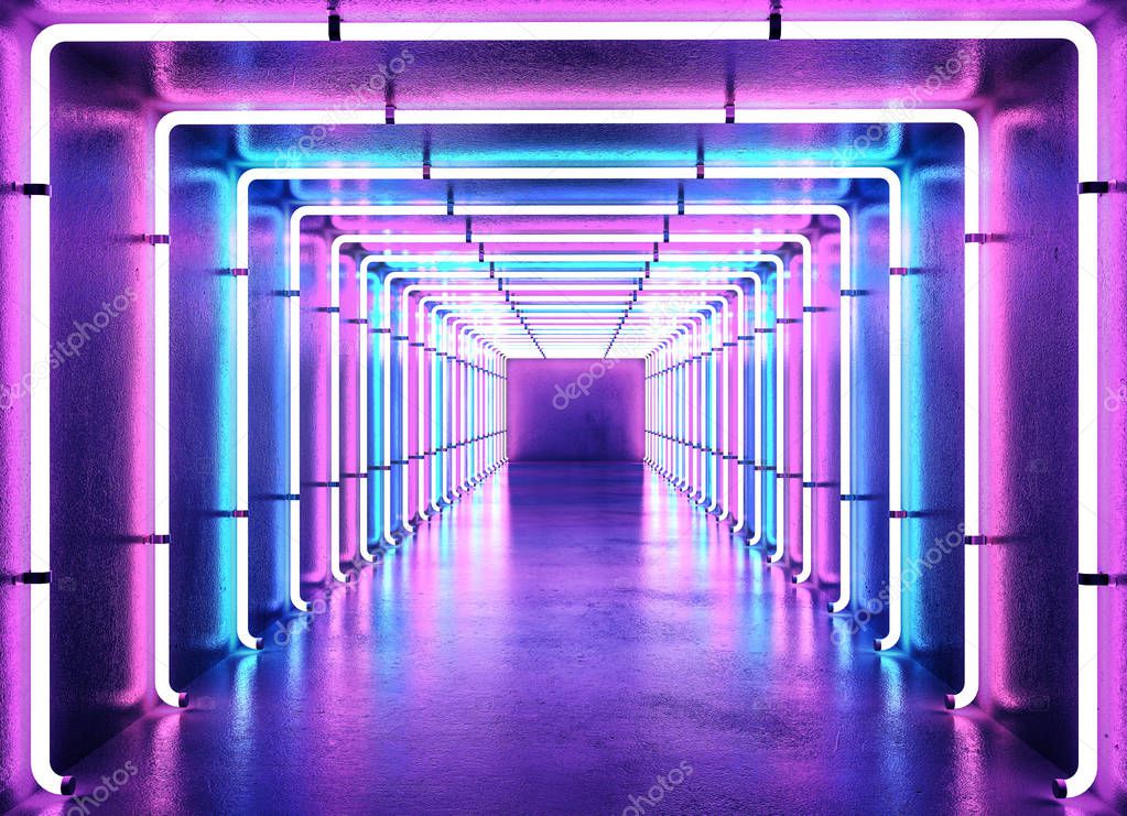 diminishing perspective view of neon lighted corridor 