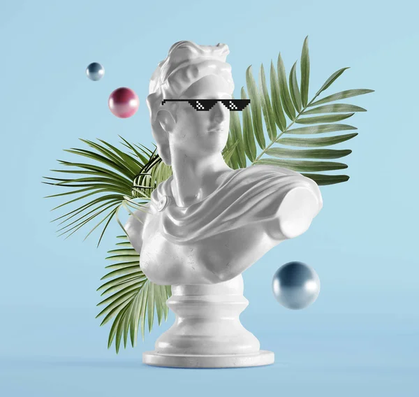 Statue Renaissance Avec Feuilles Tropicales Boules Lunettes Soleil Pixel Sur — Photo