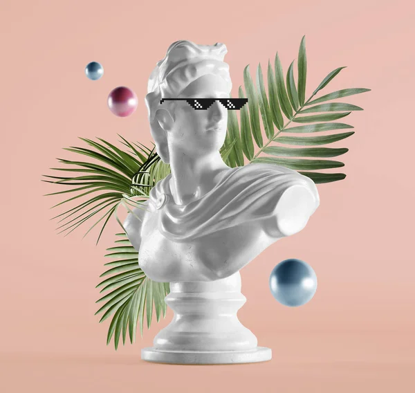 Statue Renaissance Avec Feuilles Tropicales Boules Lunettes Soleil Pixel Sur — Photo