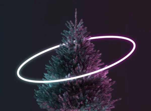 Fir Tree Neon Light Dark Background — Stock Photo, Image