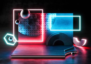 3D ses illüstrasyon kırmızı ve mavi neon ışıkları ile