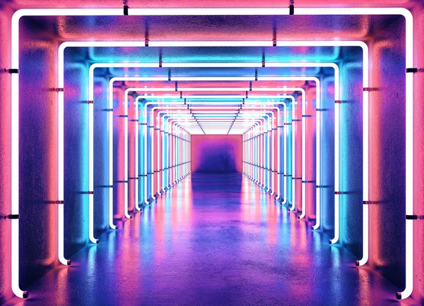 Zmniejsza Się Widok Perspektywiczny Neon Oświetlony Korytarz — Zdjęcie stockowe