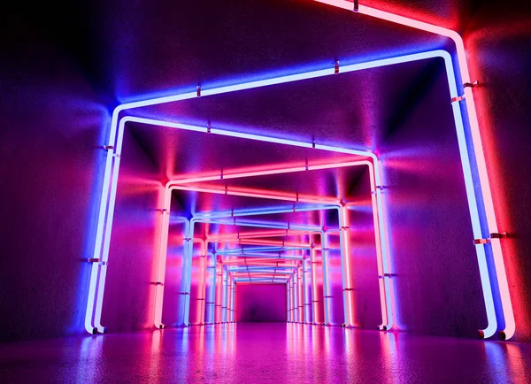 diminishing perspective view of neon lighted corridor