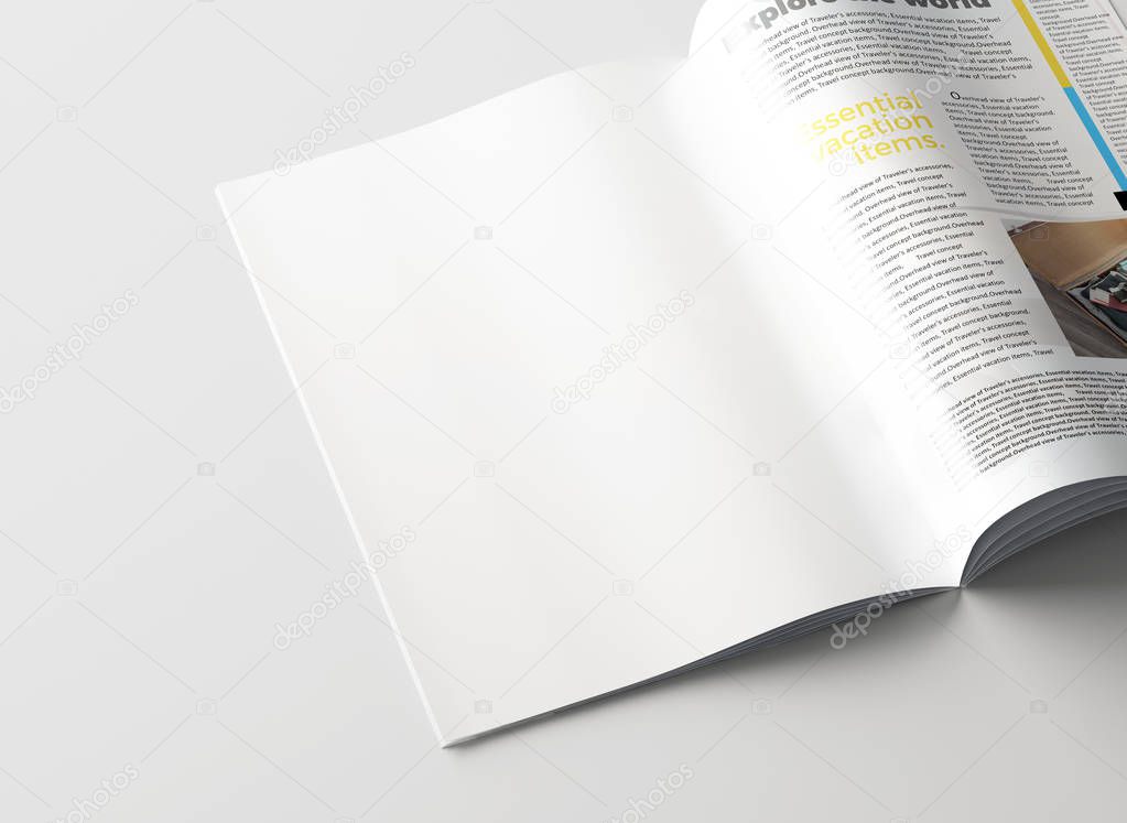 magazine with blank page on white table surface