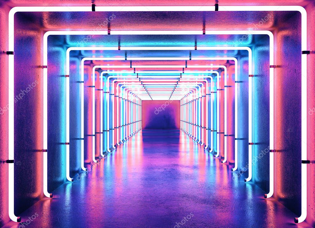 diminishing perspective view of neon lighted corridor 