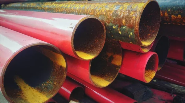 Red steel pipe tube stacked