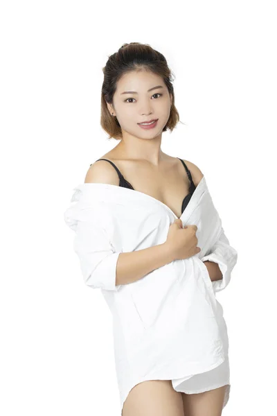 Vacker Kinesisk Kvinna Poserar Ett Par Svarta Trosor Och Behå — Stockfoto
