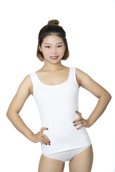 Mooi Sexy Chinese Vrouw Dragen Een Wit Overhemd Slipje Geïsoleerd — Stockfoto