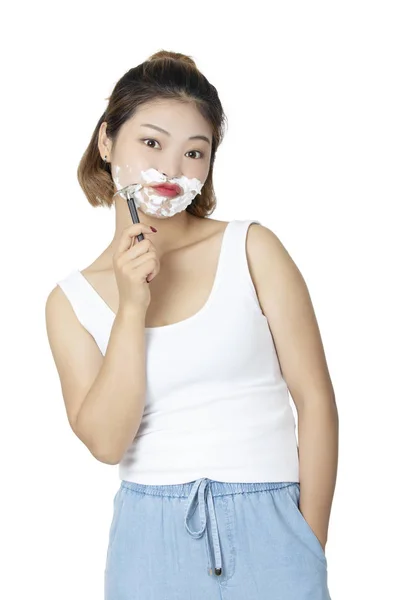 Chinês Mulher Pretendendo Raspar Isolado Fundo Branco — Fotografia de Stock