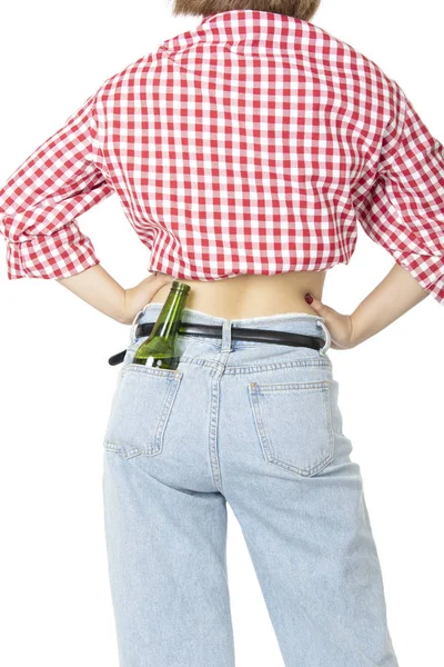 Hermosa Mujer China Americana Con Una Botella Cerveza Bolsillo Cadera —  Fotos de Stock