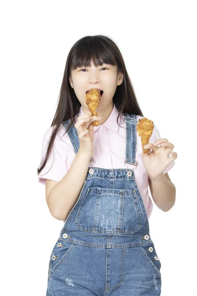 Beautiful Chinese American Woman Eating Fried Chicken Drumstick Isolated White — Stock Photo, Image