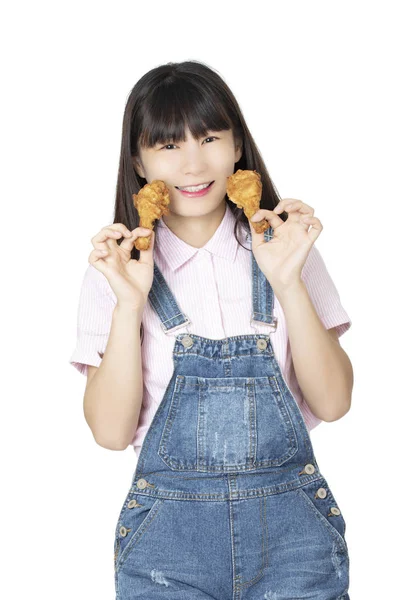 Hermosa Mujer China Americana Comiendo Muslo Pollo Frito Aislado Sobre — Foto de Stock
