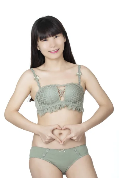 Beautiful Chinese Woman Posing Pair Green Panties Bra Isolated White — Stock Photo, Image