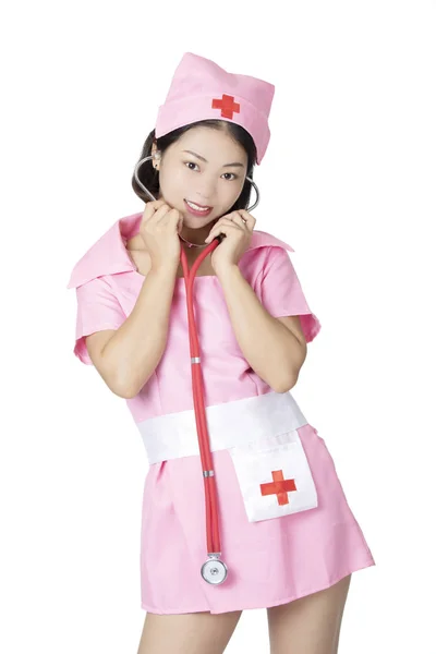 Beaufitul Chinese Woman Dressed Sexy Nurse Isolated White Background — Stock Photo, Image