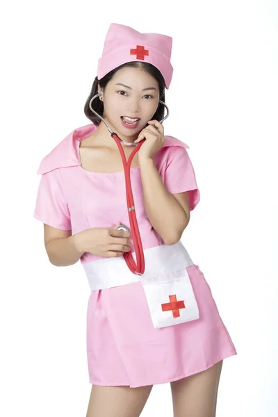 Beaufitul Китайський Жінка Одягнена Сексуальна Медсестра Ізольовані Білому Фоні — стокове фото