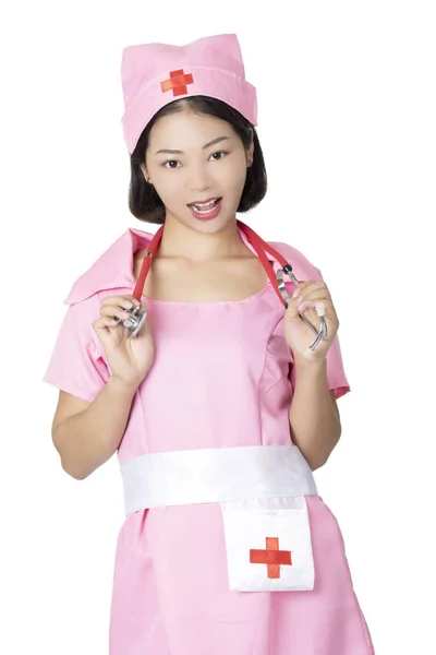 Beaufitul Chinese Woman Dressed Sexy Nurse Isolated White Background — Stock Photo, Image