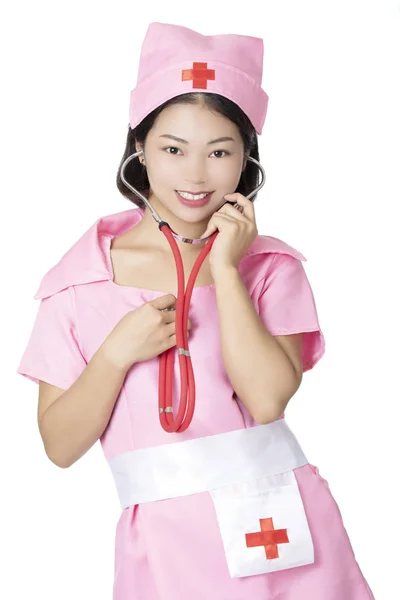 Beaufitul Chinese Woman Dressed Sexy Nurse Isolated White Background — Stock Photo, Image