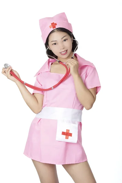 Beaufitul Mulher Chinesa Vestida Como Uma Enfermeira Sexy Isolado Fundo — Fotografia de Stock