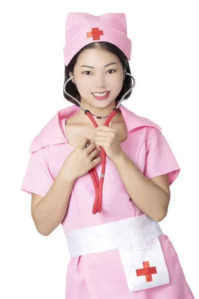 Beaufitul Mulher Chinesa Vestida Como Uma Enfermeira Sexy Isolado Fundo — Fotografia de Stock