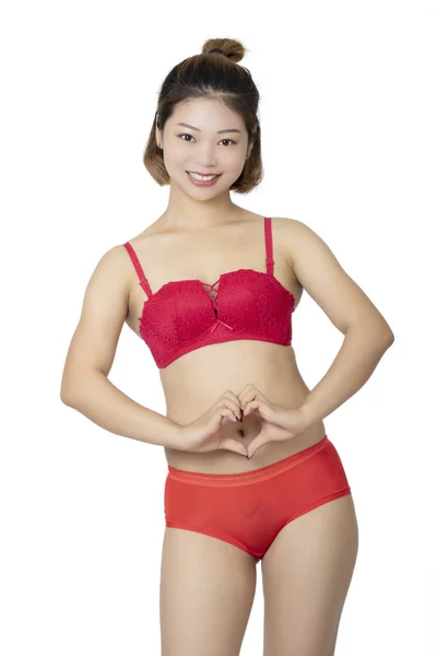 Belle Femme Chinoise Posant Dans Une Paire Culotte Rouge Soutien — Photo