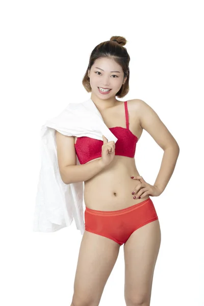 Beautiful Chinese Woman Posing White Shirt Pair Red Panties Bra — Stock Photo, Image