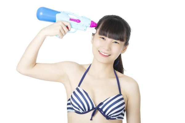 Sexig Kinesisk Amerikansk Kvinna Iklädd Bikini Baddräkt Och Leker Med — Stockfoto