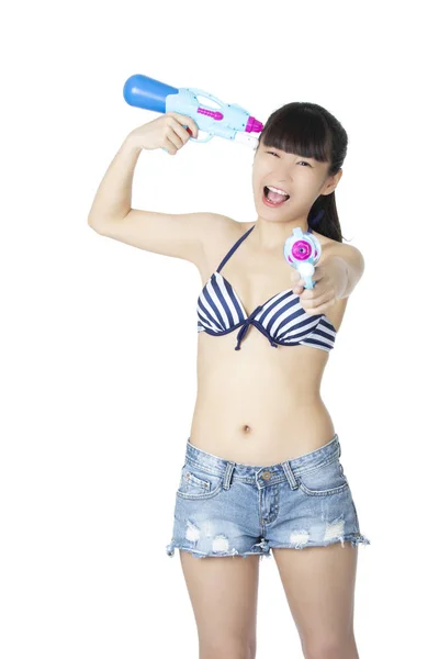 Sexy Amerykańska Chinka Sobie Strój Kąpielowy Bikini Grając Niebieski Woda — Zdjęcie stockowe