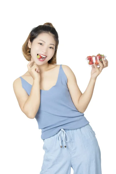 Beautiful Chinese Woman Holding Bowl Strawberries Wearing Casual Clothes Isolated — Stock Photo, Image