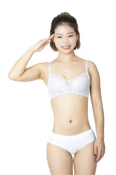 Mooie Chinese Vrouw Poseren Een Paar Witte Slipje Geïsoleerd Een — Stockfoto