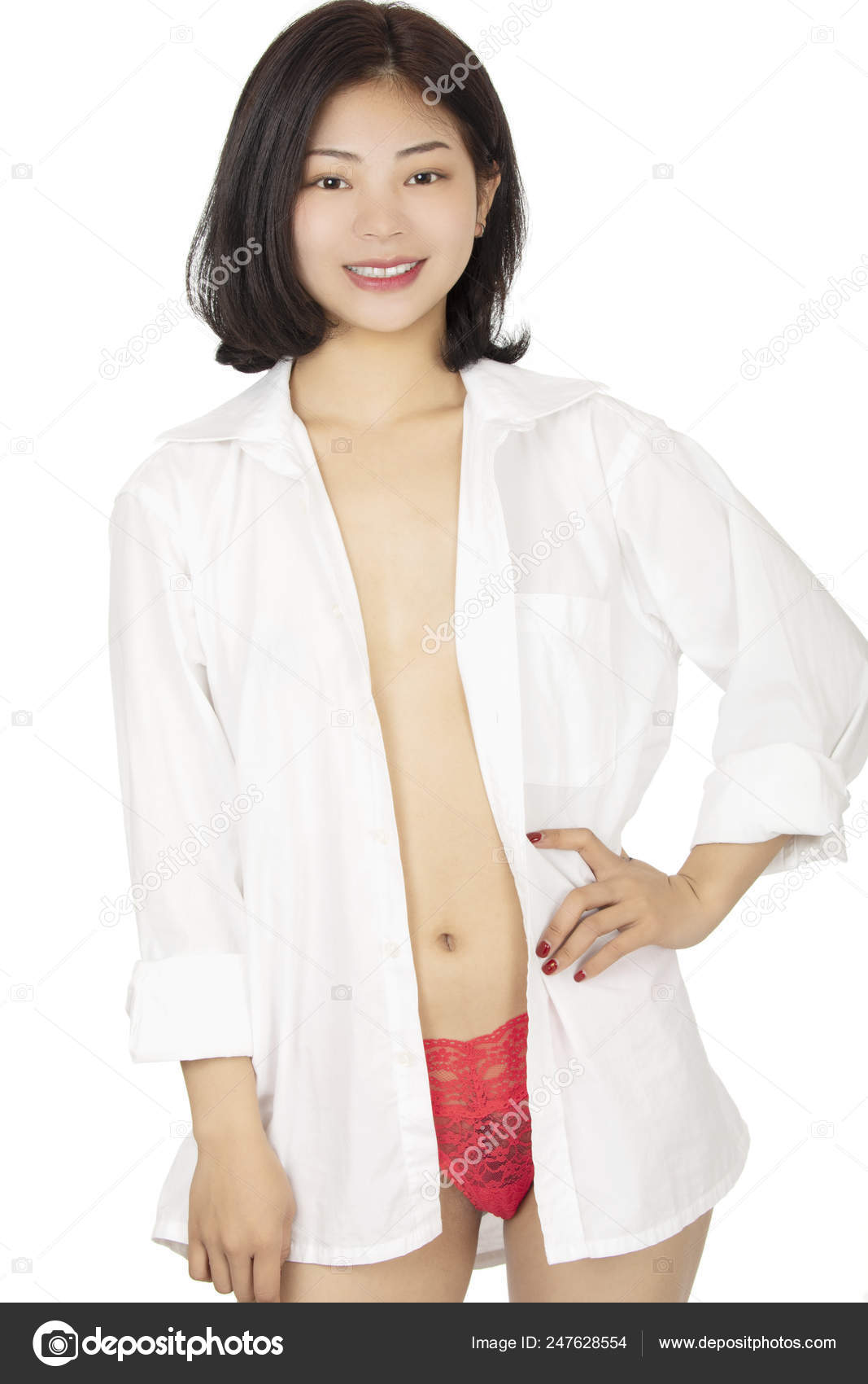 Chinese woman dressed in red thong isolated on white background Stock Photo  by ©dndavis 247628554