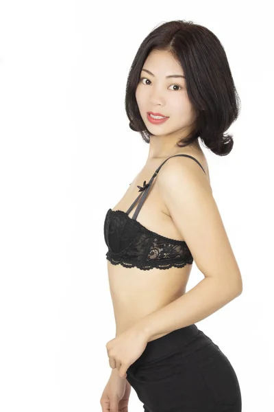 Chinese vrouw gekleed in blauwe thong geïsoleerd op witte achtergrond — Stockfoto