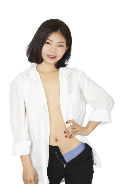 在白色背景查出的中国妇女在蓝色丁字裤被隔绝 — 图库照片