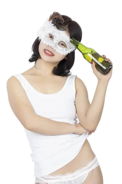 Chinese woman holding bottle of beer isolated on white backgroun — Stock Photo, Image