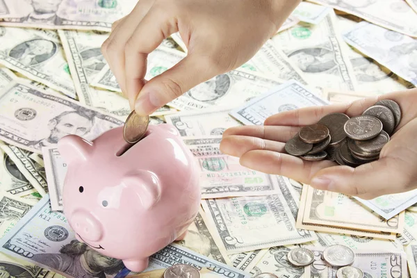 Vrouwelijke hand holding munten Piggy Bank geïsoleerd, USD Bank notities ba — Stockfoto