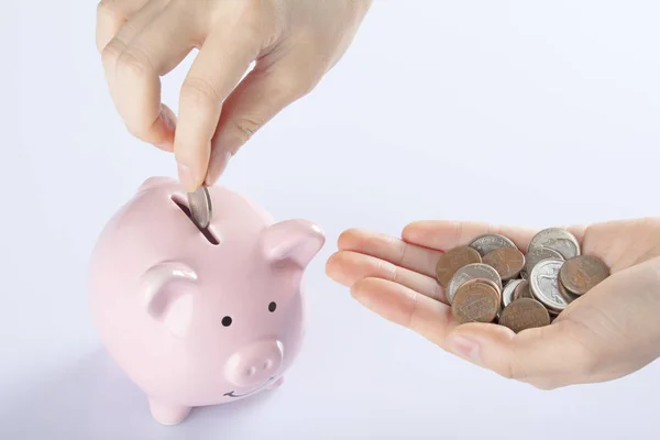 Weibliche Hand hält Münzen Sparschwein isoliert, weißer Hintergrund — Stockfoto