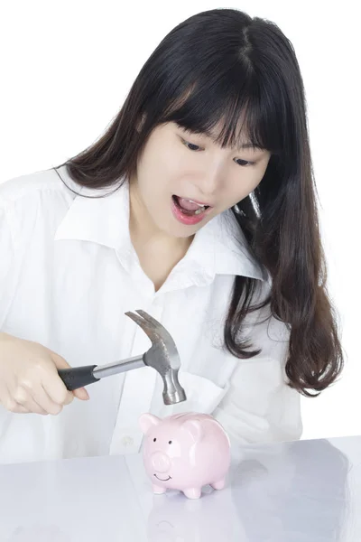 Feminino batendo porquinho banco com martelo isolado no branco backgrou — Fotografia de Stock