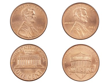 Lincoln Memorial cent ve Union Shield cent izole beyaz geri